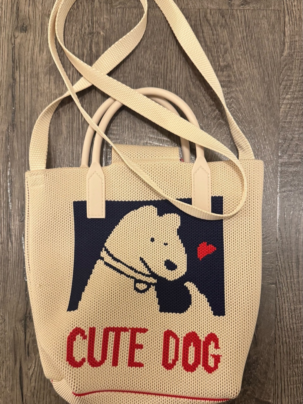 Cute small tote bag with graphic of a dog with a heart and the words 'CUTE DOG'